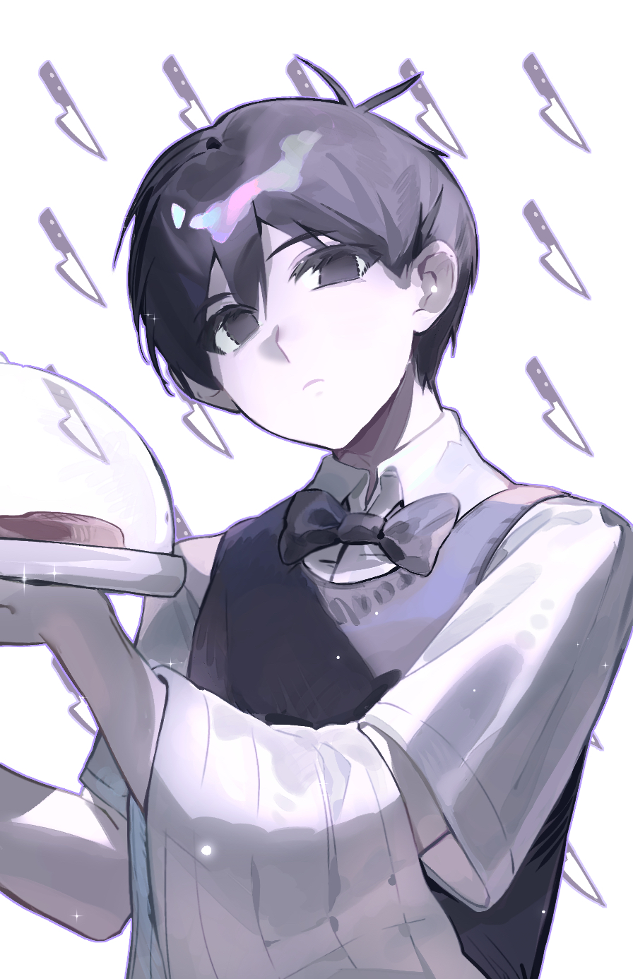 czorimu, omori (omori), omori, chinese commentary, commentary request, highres, 1boy, antenna hair, black bow, black bowtie, black eyes, black hair, black sweater vest, bow, bowtie, closed mouth, collared shirt, double-parted bangs, empty eyes, food, from below, frown, hair behind ear, hair between eyes, holding, holding tray, knife, light particles, looking at viewer, male focus, no pupils, official alternate costume, outline, purple outline, shirt, short hair, short sleeves, simple background, solo, sweater vest, traditional bowtie, tray, upper body, very short hair, white background, white shirt
