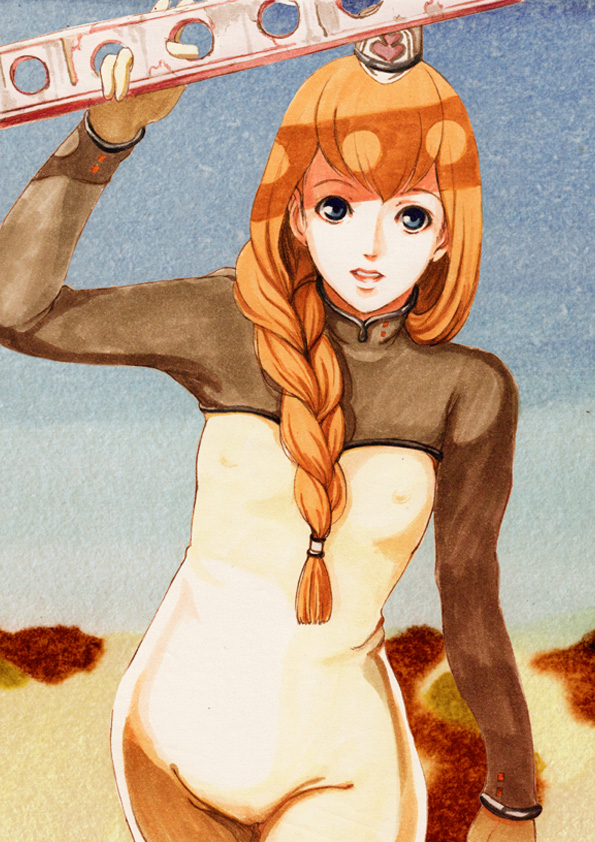 tonbo, original, 1girl, blue eyes, bodysuit, braid, female focus, flat chest, long hair, nipples, orange hair, pussy, see-through bodysuit, see-through clothes, side braid, solo
