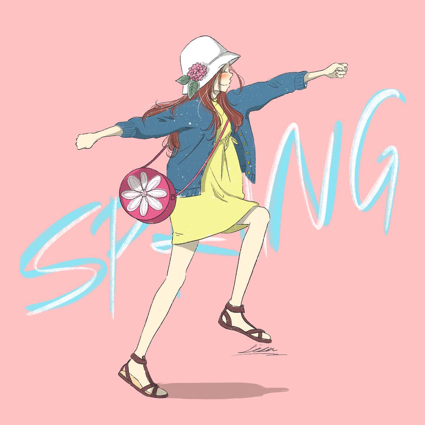 lisa (illustsan430), original, commentary, english commentary, flower request, highres, 1girl, artist name, bag, blue cardigan, blush, brown hair, brown sandals, bucket hat, cardigan, clenched hands, closed eyes, closed mouth, dress, flower, from side, full body, handbag, hat, hat flower, leg up, long hair, open cardigan, open clothes, outstretched arms, pink background, pink bag, pink flower, profile, sandals, shadow, short dress, shoulder bag, signature, simple background, smile, solo, standing, standing on one leg, text background, three-quarter sleeves, walking, white hat, yellow dress