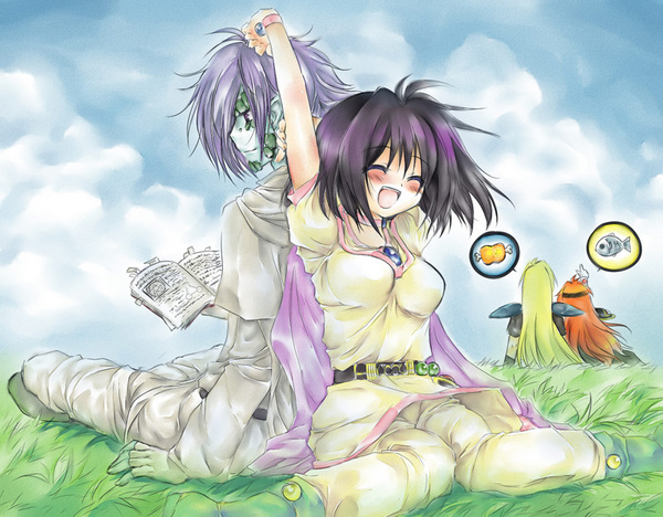 haco (artist), amelia wil tesla seyruun, gourry gabriev, lina inverse, zelgadiss graywords, slayers, 1boy, 1girl, back-to-back, blonde hair, blue hair, blush, boots, couple, golem, green boots, happy, hetero, purple hair, red hair, short hair, stretching