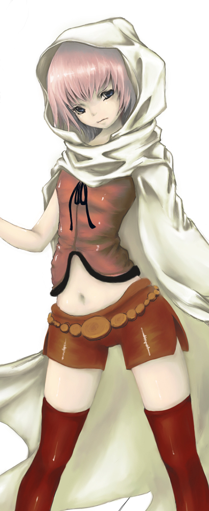 sheepme, white mage (final fantasy), final fantasy, original, bad id, bad pixiv id, 1girl, black ribbon, brown shorts, cape, cloak, female focus, hood, hood up, hooded cloak, midriff, navel, neck ribbon, pink hair, red thighhighs, ribbon, short hair, shorts, simple background, solo, thighhighs, white background