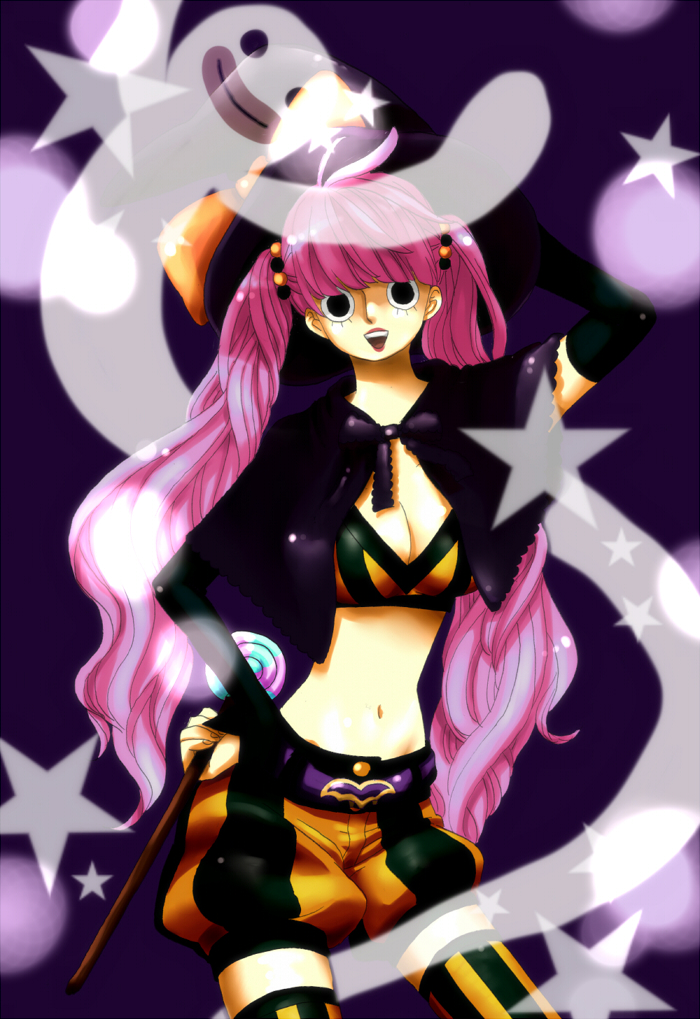 miura, perona, one piece, bad id, bad pixiv id, 1girl, alternate costume, capelet, female focus, ghost, long hair, midriff, pink hair, shorts, solo, thighhighs, twintails