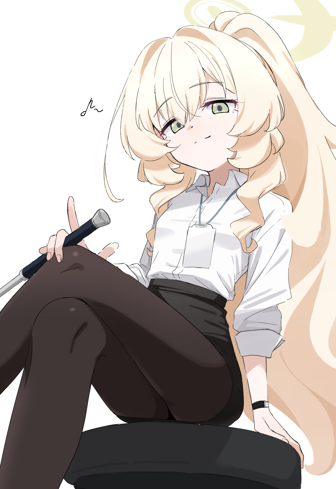 donutman, professor niyaniya (blue archive), professor niyaniya (teacher) (blue archive), blue archive, highres, 1girl, black pantyhose, black skirt, blonde hair, closed mouth, collared shirt, crossed legs, eighth note, feet out of frame, green eyes, halo, holding, id card, long hair, long sleeves, looking at viewer, musical note, pantyhose, pencil skirt, ponytail, shirt, simple background, sitting, skirt, smile, solo, white background, white shirt, yellow halo