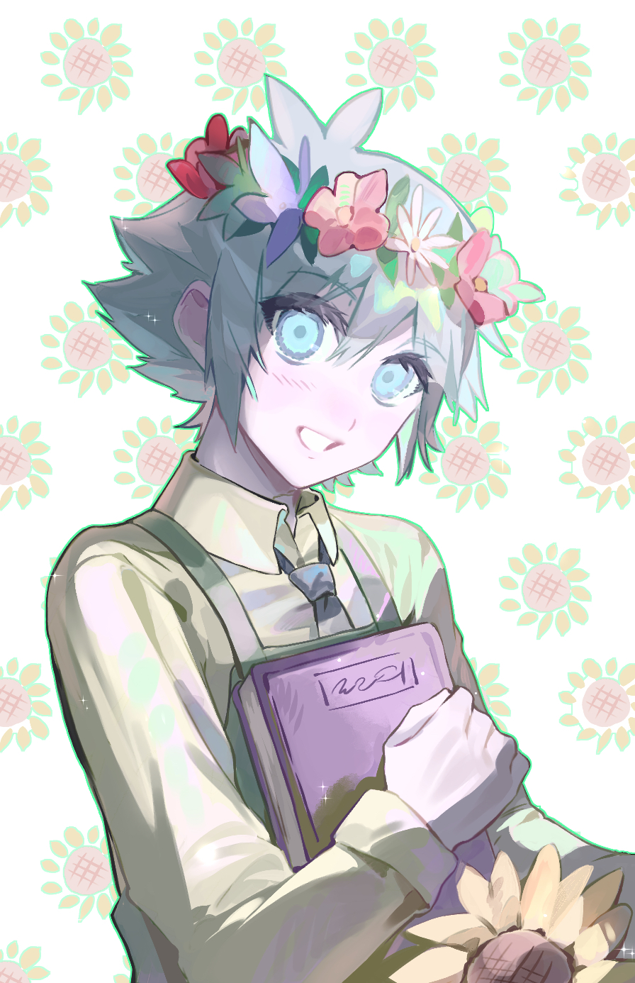 czorimu, basil (headspace) (omori), basil (omori), omori, chinese commentary, commentary request, highres, 1boy, :d, antenna hair, apron, aqua eyes, aqua hair, book, clenched hand, collared shirt, double-parted bangs, floral background, flower, flower wreath, green apron, green outline, grey necktie, grin, hair between eyes, hand up, head tilt, head wreath, holding, holding book, leaf, looking at viewer, male focus, necktie, official alternate costume, open mouth, outline, pale skin, purple flower, red flower, shirt, short hair, simple background, smile, solo, sunflower, upper body, white background, white flower, yellow shirt