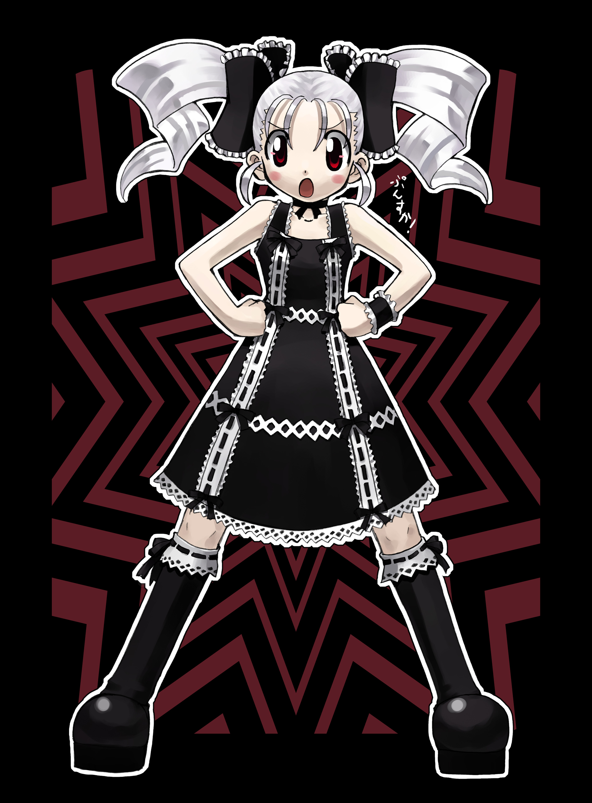 kusaka souji, absurdres, highres, angry, blush, boots, goth fashion, hands on own hips, red eyes, ribbon, solo, twintails, white hair