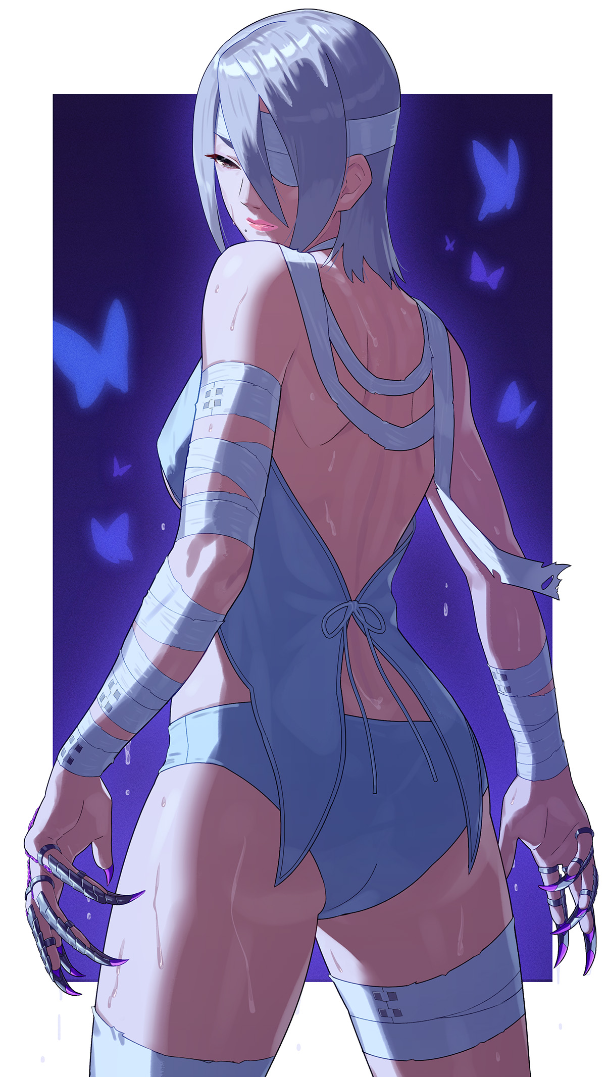 yagi2013, a.k.i. (street fighter), street fighter, street fighter 6, commentary, highres, revision, 1girl, ass, bandage on face, bandage over one eye, bandaged arm, bandaged head, bandaged leg, bandaged neck, bandages, bikini, bug, butterfly, claw (weapon), claw ring, cowboy shot, fake claws, grey bikini, grey hair, hair over one eye, insect, looking at viewer, mole, mole under mouth, official alternate costume, official alternate hairstyle, one eye covered, red eyes, red lips, swimsuit, weapon, white hair