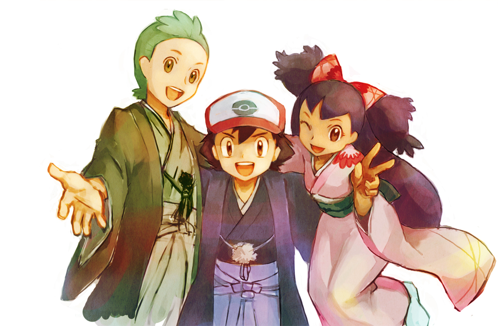 isumimax, ash ketchum, cilan (pokemon), iris (pokemon), nintendo, pokemon, pokemon (anime), pokemon bw (anime), commentary request, 1girl, 2boys, baseball cap, black hair, bow, brown eyes, dark-skinned female, dark skin, green hair, hair bow, hakama, haori, hat, japanese clothes, kimono, long hair, multiple boys, obi, one eye closed, open mouth, pokemon (creature), reaching, reaching towards viewer, sash, short hair, smile, two side up, very long hair, wide sleeves