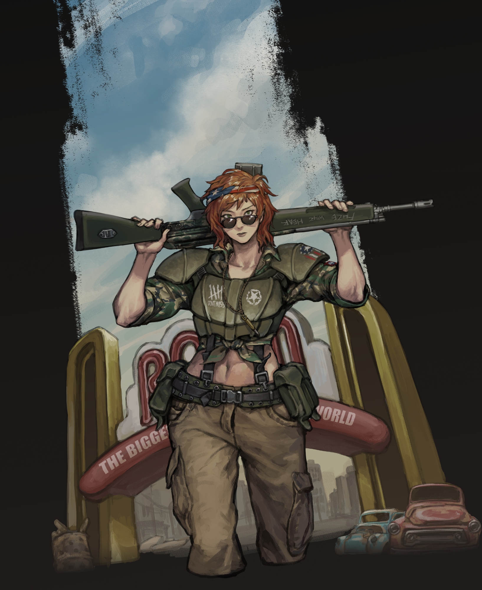 penett, fallout, fallout 3, highres, 1girl, abs, american flag, american flag print, ammunition pouch, arch, assault rifle, bandana, barrel, battle rifle, belt, blue sky, brown hair, bullet necklace, bulletproof vest, camouflage, camouflage shirt, car, cargo pants, cloud, cloudy sky, flag print, gun, h&k g3, jewelry, looking at viewer, midriff, motor vehicle, necklace, over shoulder, pants, pouch, rifle, shirt, short hair, sky, sleeves rolled up, sunglasses, toned, weapon, weapon over shoulder