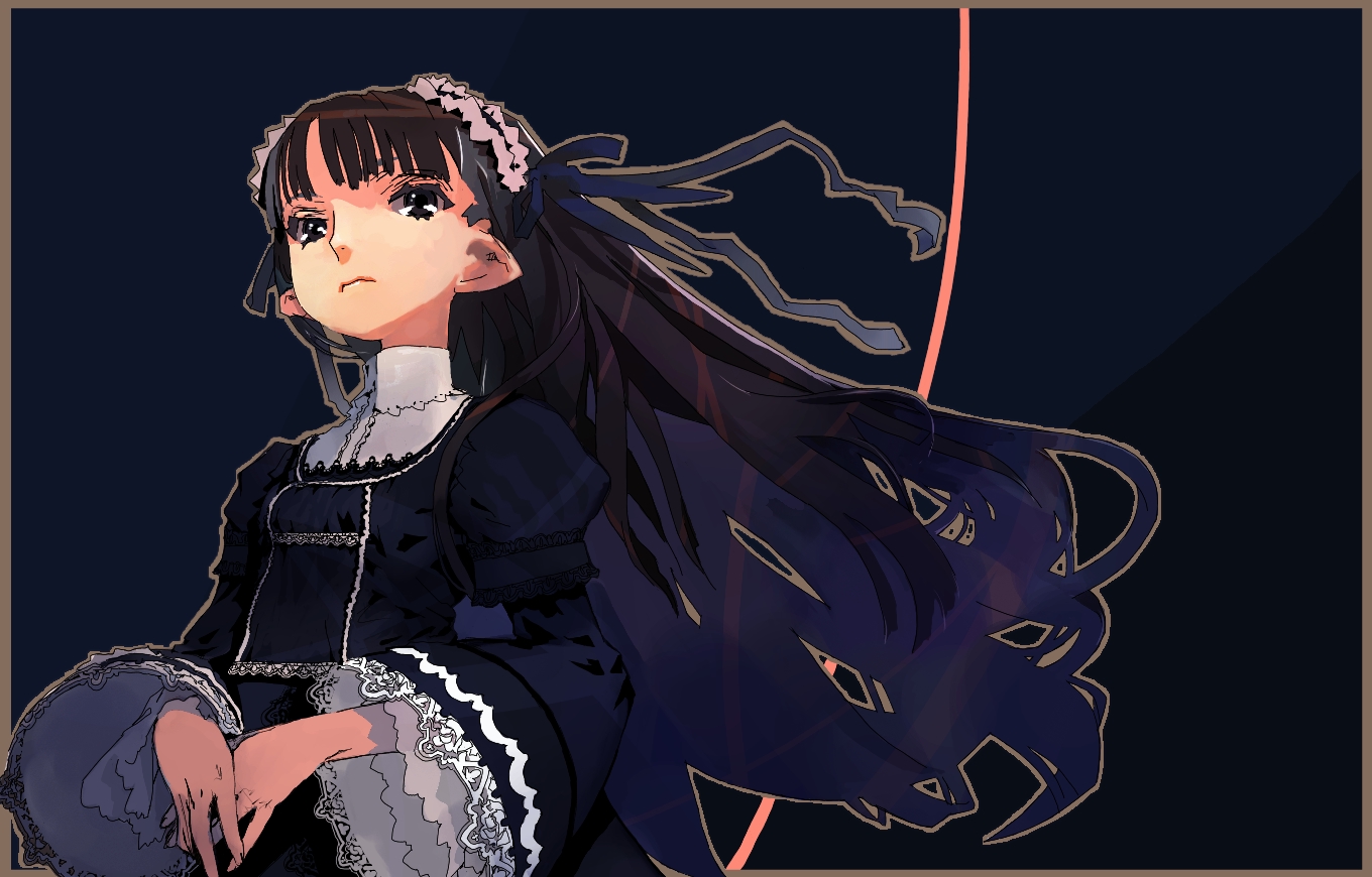 kusaka souji, tagme, black eyes, brown hair, goth fashion, long hair, pointy ears, solo
