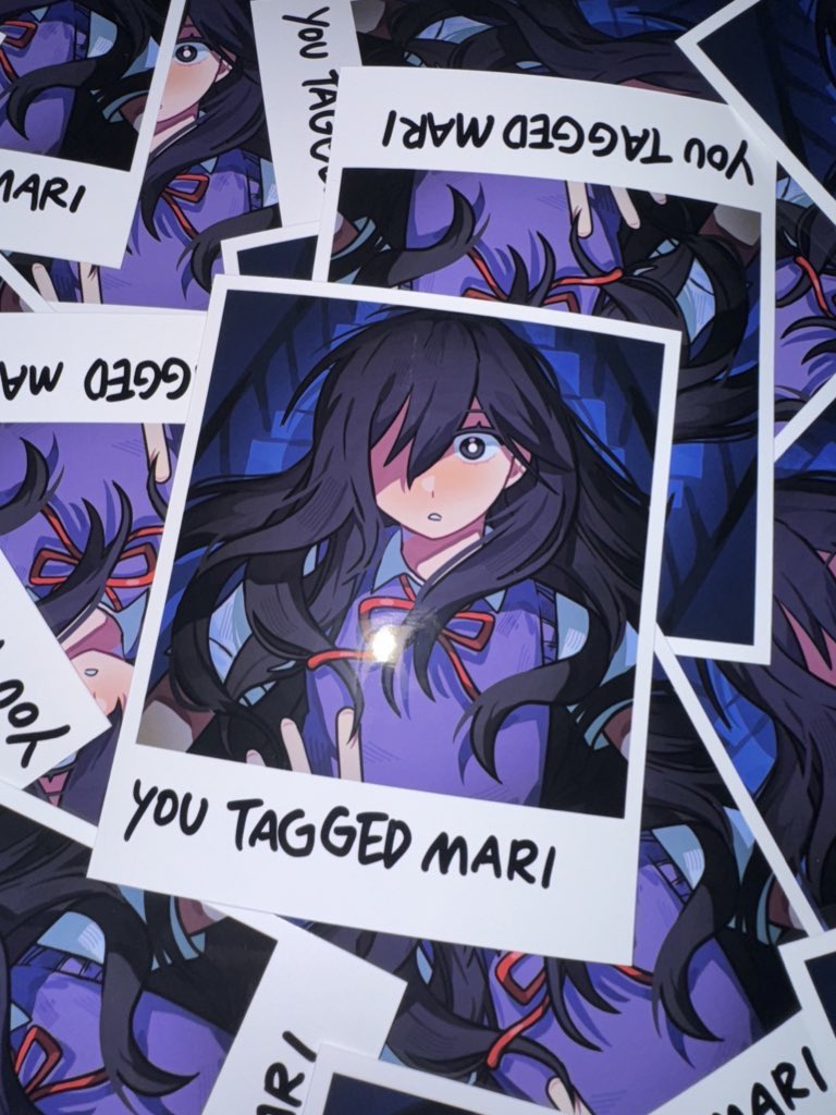mari (headspace) (omori), mari (omori), sunny (omori), omori, commentary, english commentary, spoilers, 1boy, 1girl, 2g7oo, black eyes, black hair, blush, bright pupils, brother and sister, collared shirt, english text, fingernails, hair behind ear, hair over one eye, hair over shoulder, indoors, long hair, looking at viewer, neck ribbon, one eye covered, parted lips, photo (object), pov, pov hands, purple sweater vest, red ribbon, ribbon, shaded face, shadow, shirt, siblings, sidelocks, stairs, sweater vest, upper body, very long hair, wavy hair, white pupils, white shirt, wide-eyed