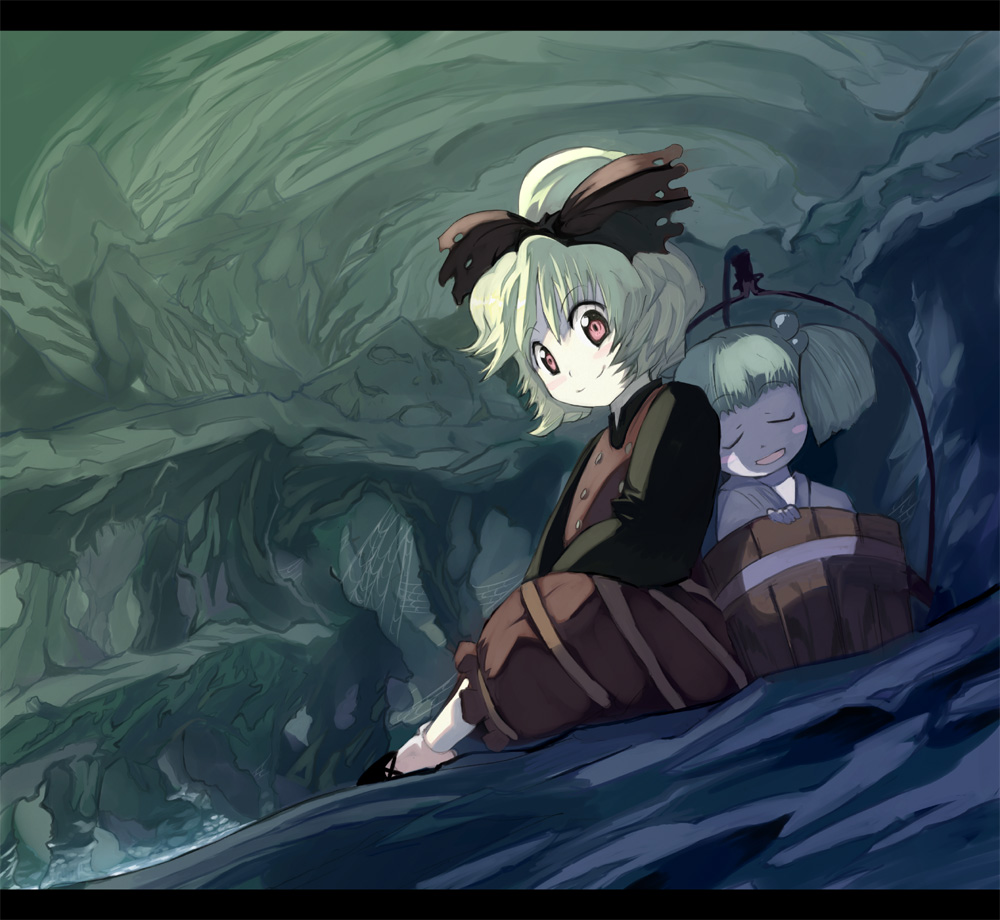shape, syope, kisume, kurodani yamame, touhou, 2girls, blonde hair, bow, bucket, cave, female focus, green hair, in bucket, in container, letterboxed, multiple girls, red eyes, silk, spider web, twintails