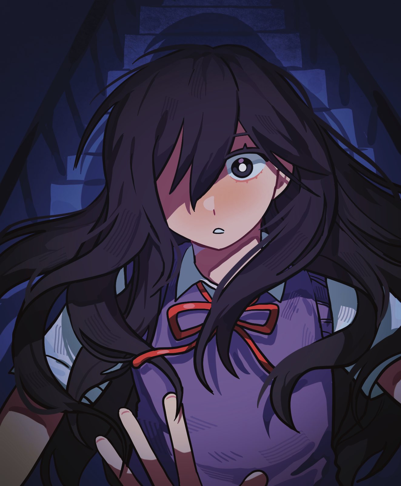mari (headspace) (omori), mari (omori), sunny (omori), omori, commentary, english commentary, highres, spoilers, 1boy, 1girl, 2g7oo, black eyes, black hair, blush, bright pupils, brother and sister, collared shirt, dark background, fingernails, hair behind ear, hair over one eye, hair over shoulder, indoors, long hair, looking at viewer, neck ribbon, one eye covered, parted lips, pov, pov hands, purple sweater vest, red ribbon, ribbon, shaded face, shadow, shirt, siblings, sidelocks, solo focus, stairs, sweater vest, upper body, very long hair, wavy hair, white pupils, white shirt, wide-eyed
