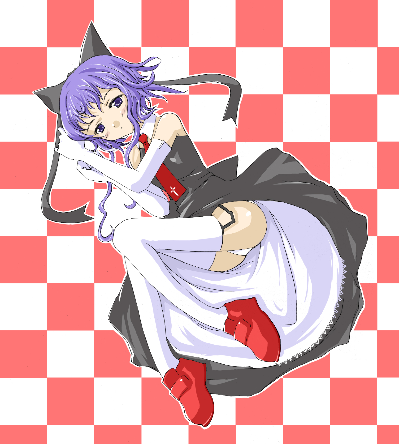 kusaka souji, highres, gloves, necktie, purple eyes, purple hair, red shoes, shoes, solo, square-end necktie, thighhighs, zettai ryouiki