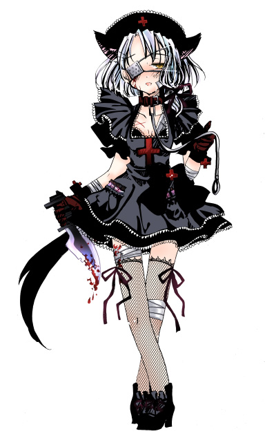 sakayaki (burning soul), 1girl, animal ears, bandages, blood, collar, cross, eyepatch, female focus, fishnet thighhighs, fishnets, goth fashion, knife, leash, legs, solo, tail, thighhighs