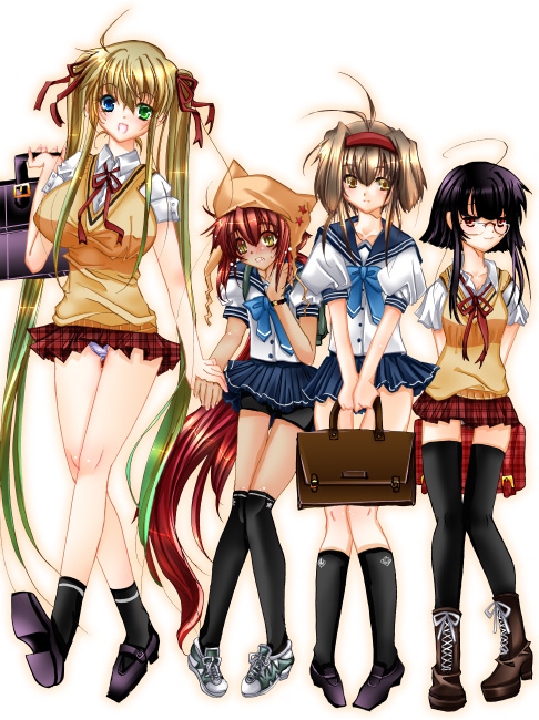 sakayaki (burning soul), original, 4girls, ahoge, antenna hair, black hair, blonde hair, boots, breasts, brown hair, clothes lift, glasses, hairband, hat, headband, heterochromia, holding hands, kneehighs, large breasts, legs, long hair, multiple girls, panties, plaid clothes, plaid skirt, red hair, school uniform, serafuku, shoes, skirt, skirt lift, sneakers, socks, sweater vest, thighhighs, twintails, underwear, very long hair, vest, white panties, wind, wind lift