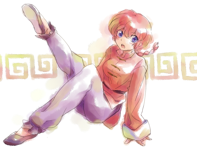 isumimax, ranma-chan, ranma 1/2, commentary request, 1girl, braid, chinese clothes, flats, full body, leg up, long hair, long sleeves, open mouth, pants, purple eyes, red hair, solo