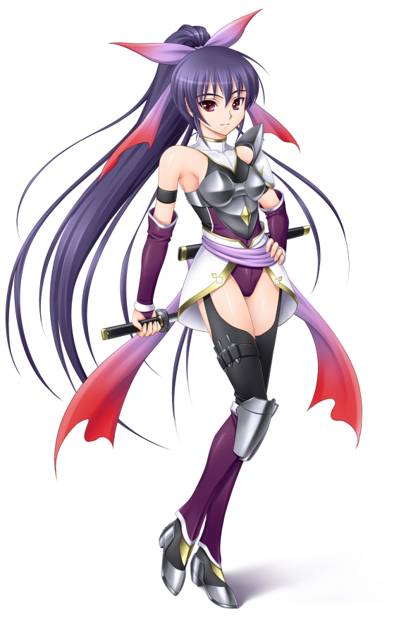 amane (funfun), funfun, original, 1girl, armband, armor, armpits, bare shoulders, black thighhighs, boots, detached sleeves, female focus, full body, hair ribbon, knife, long hair, looking at viewer, ninja, ponytail, purple boots, purple eyes, purple hair, red eyes, reverse grip, ribbon, simple background, skirt, solo, standing, sword, thighhighs, very long hair, weapon, white background