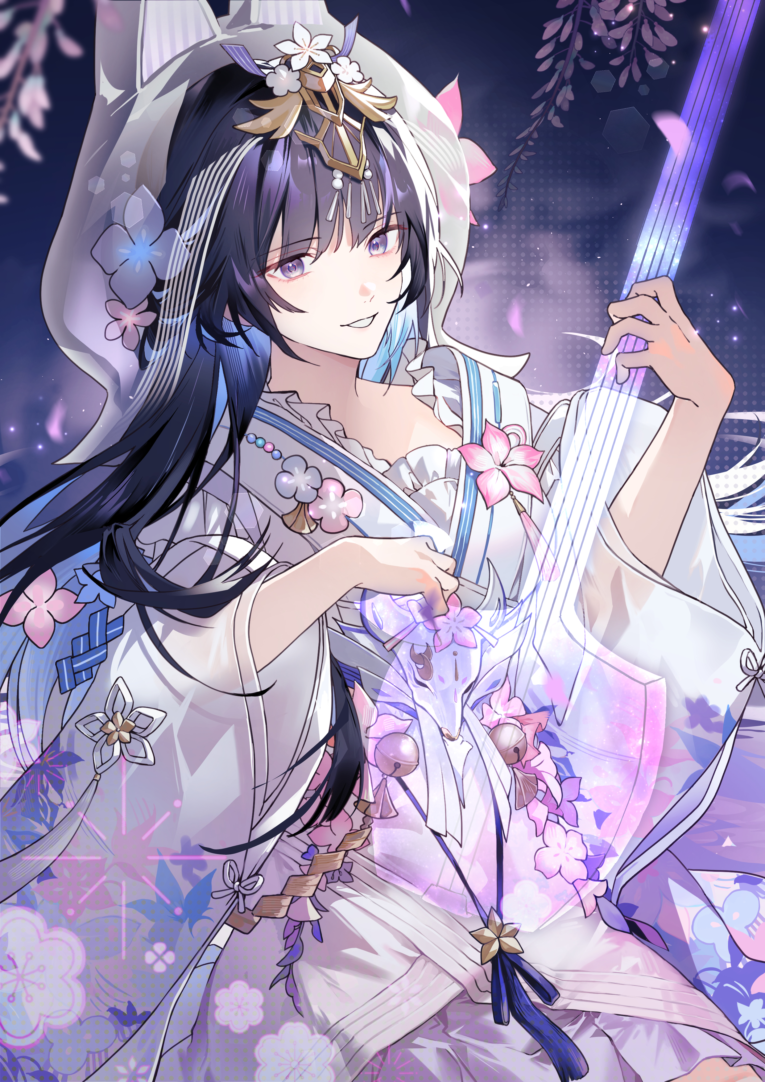cino (cappuccino), selena (pgr), punishing: gray raven, absurdres, commentary, highres, 1girl, black hair, colored inner hair, cowboy shot, dress, holding, holding instrument, instrument, japanese clothes, kimono, long hair, looking at viewer, multicolored hair, official alternate costume, parted lips, purple eyes, purple hair, selena: pianissimo (threads of destiny) (pgr), smile, solo, uchikake, wataboushi, wedding dress, white dress