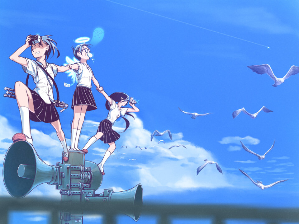 lain, original, 3girls, balancing, bird, camera, contrail, day, glasses, halo, holding hands, long hair, multiple girls, scared, school uniform, seagull, serafuku, short hair, sky, traditional halo, wings