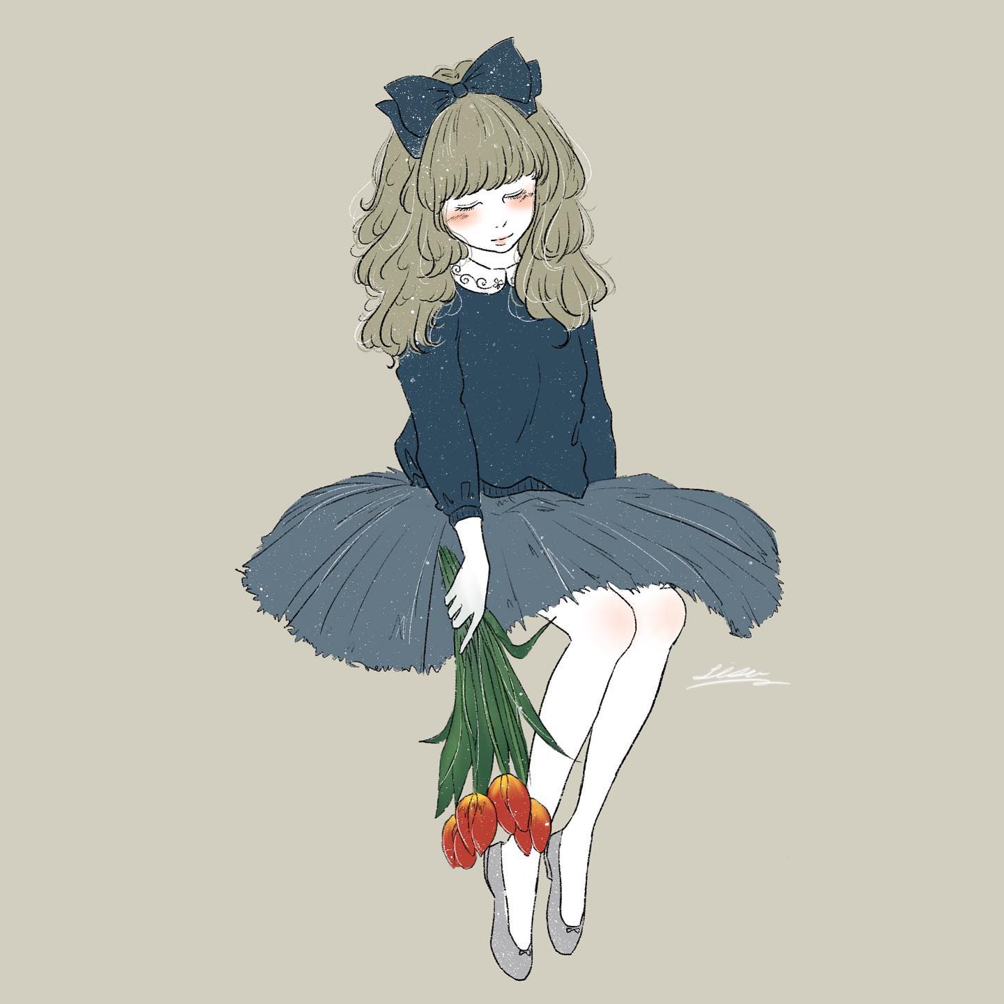 lisa (illustsan430), original, commentary, highres, 1girl, artist name, black bow, black sweater, blush, bow, brown background, brown hair, closed eyes, closed mouth, contrast collar, flats, flower, full body, grey shoes, grey skirt, hair bow, head tilt, holding, holding flower, invisible chair, long hair, long sleeves, peter pan collar, red flower, shoes, signature, simple background, sitting, skirt, solo, sweater, tulip