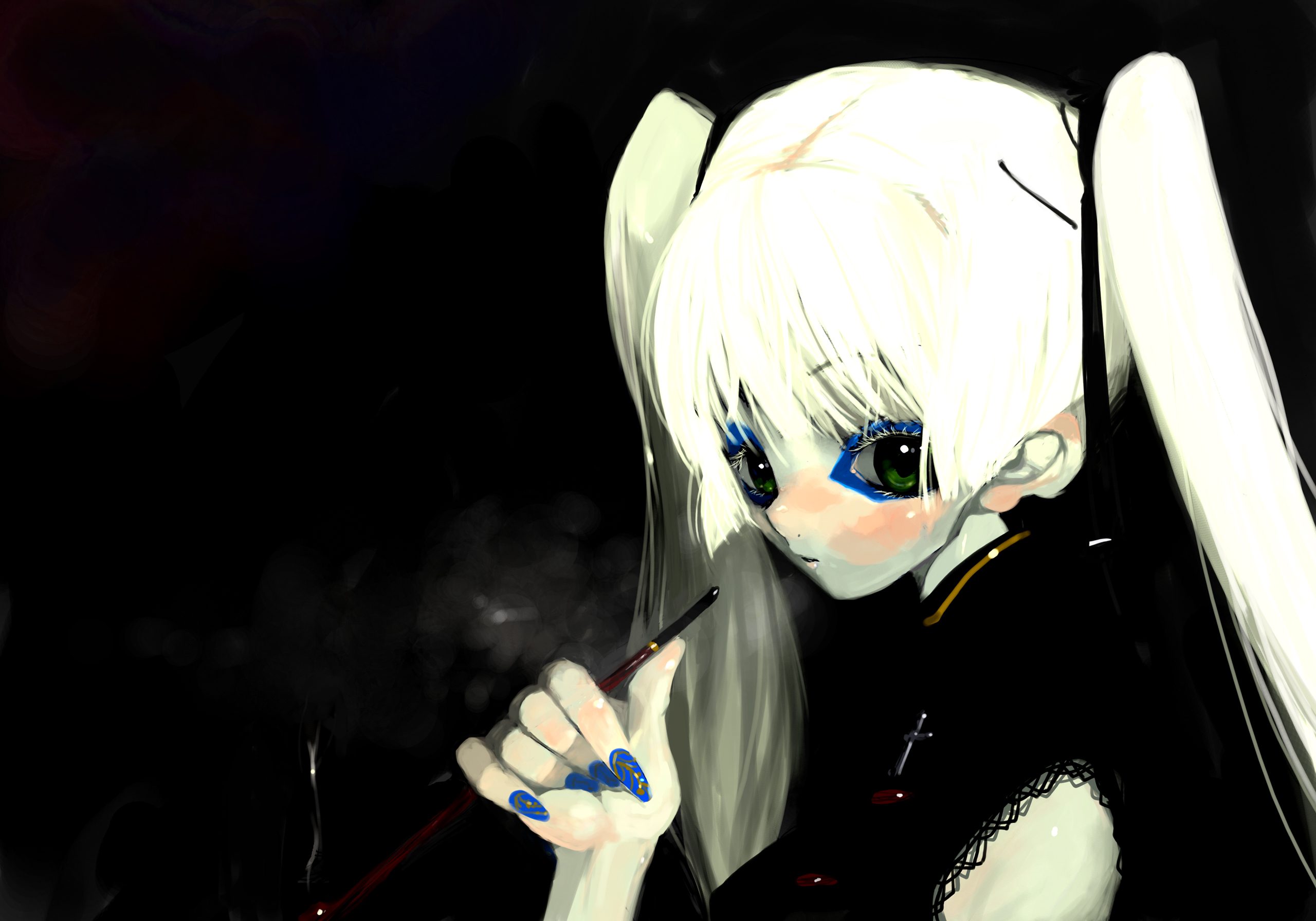 kusaka souji, highres, 1girl, blonde hair, blue nails, cross, female focus, goth fashion, green eyes, kiseru, long hair, nail art, nail polish, smoking, smoking pipe, solo, twintails