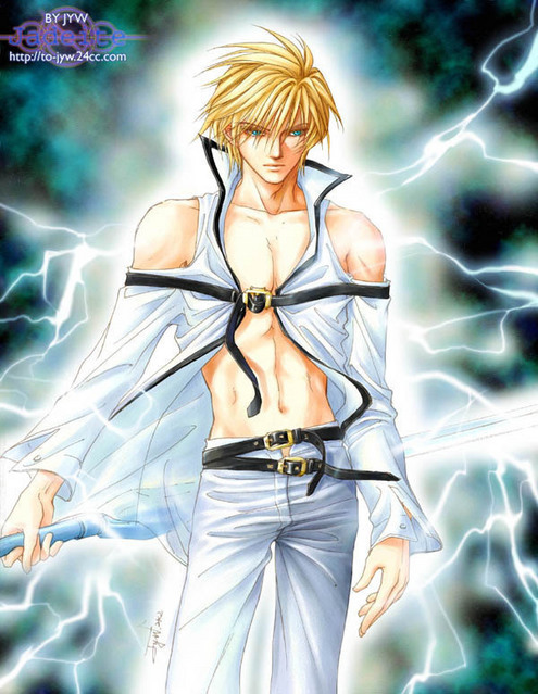 ky kiske, arc system works, guilty gear, belt, blonde hair, lightning, male focus, solo, sword, weapon