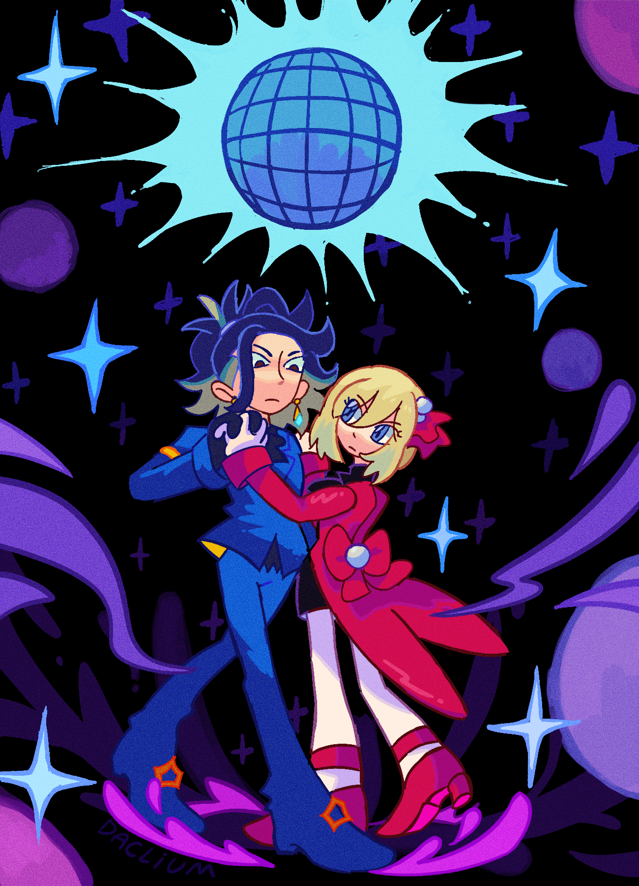 daclium, adaman (pokemon), irida (pokemon), nintendo, pokemon, pokemon legends: arceus, highres, 1boy, 1girl, alternate costume, blonde hair, blue eyes, blue gloves, blue hair, dancing, disco ball, earrings, full body, gloves, high heels, holding hands, jewelry, looking at another, multicolored hair, single earring, sparkle, two-tone hair, white gloves