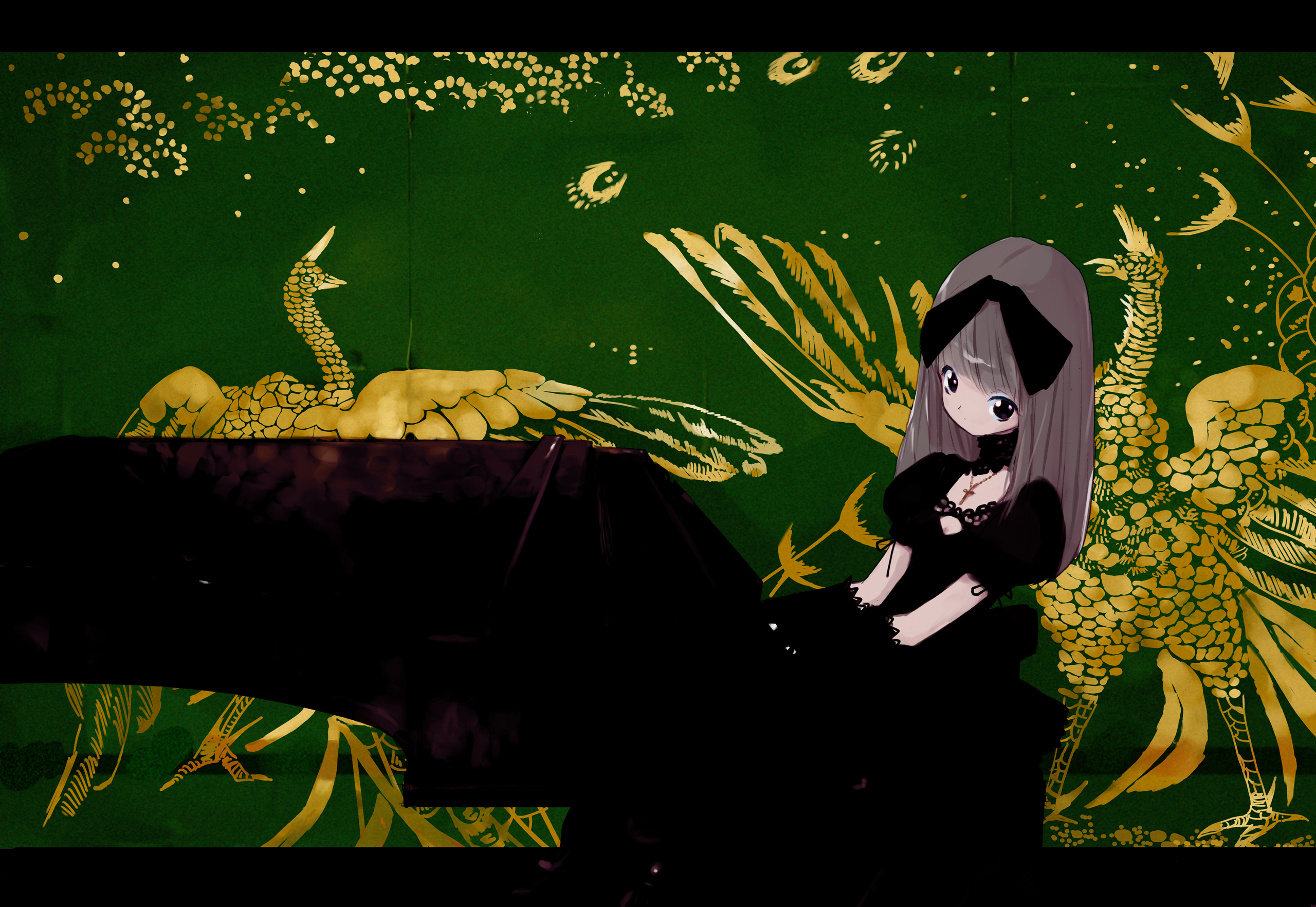 kusaka souji, highres, bow, brown hair, goth fashion, grand piano, instrument, letterboxed, piano, solo, tapestry