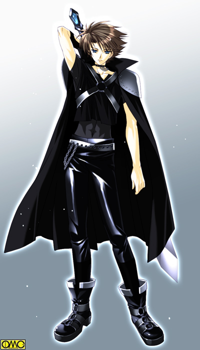original, 1boy, arm behind head, armor, belt, blue eyes, boots, brown hair, cape, chain, choker, full body, gradient background, leather, male focus, solo, sword, watermark, weapon