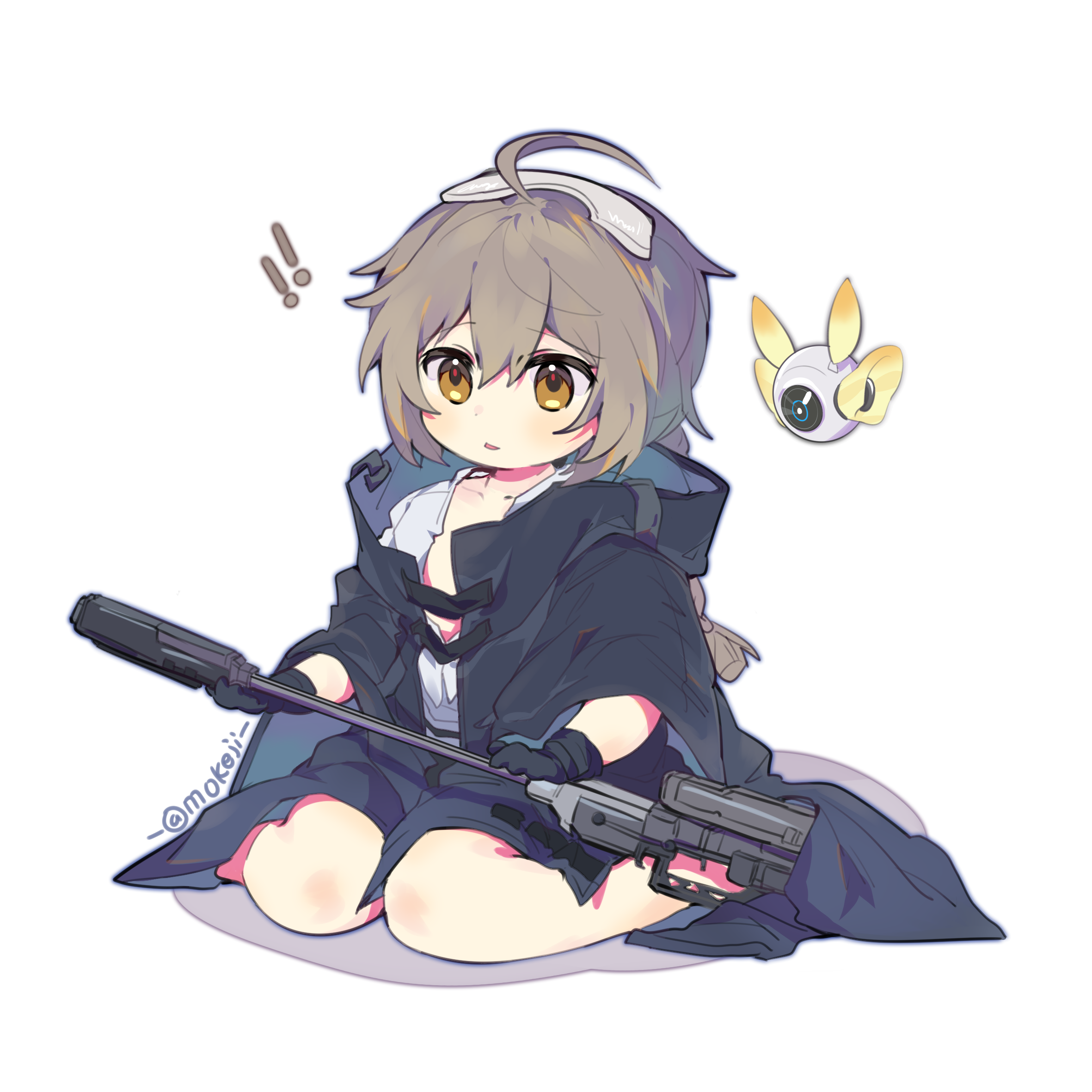 kokona (strinova), strinova, highres, !, !!, 1girl, :<, ahoge, braid, braided ponytail, brown hair, cape, collarbone, drone, gloves, goggles, goggles on head, gun, hood, hood down, jacket, knees, knees together feet apart, long hair, low ponytail, mokeji, on floor, orange eyes, parted lips, ponytail, rifle, scope, shirt, sidelocks, simple background, sitting, sniper rifle, solo, wariza, weapon, white background, white shirt