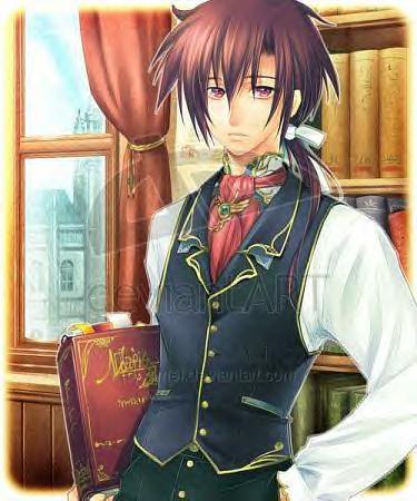 jpeg artifacts, lowres, non-web source, 1boy, ascot, book, bookshelf, brooch, curtains, hair ribbon, hand on own hip, jewelry, long hair, male focus, pink eyes, pink hair, ponytail, ribbon, solo, vest, watermark, window