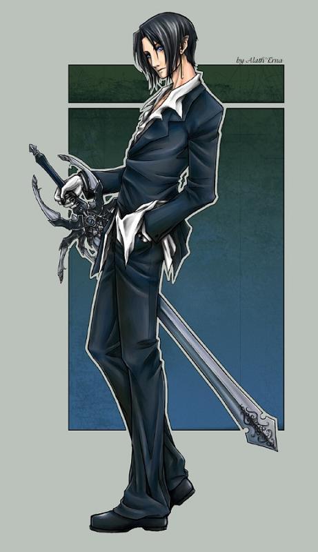 1boy, black hair, blue eyes, blue theme, earrings, formal clothes, full body, gloves, gradient background, jewelry, male focus, solo, suit, sword, weapon