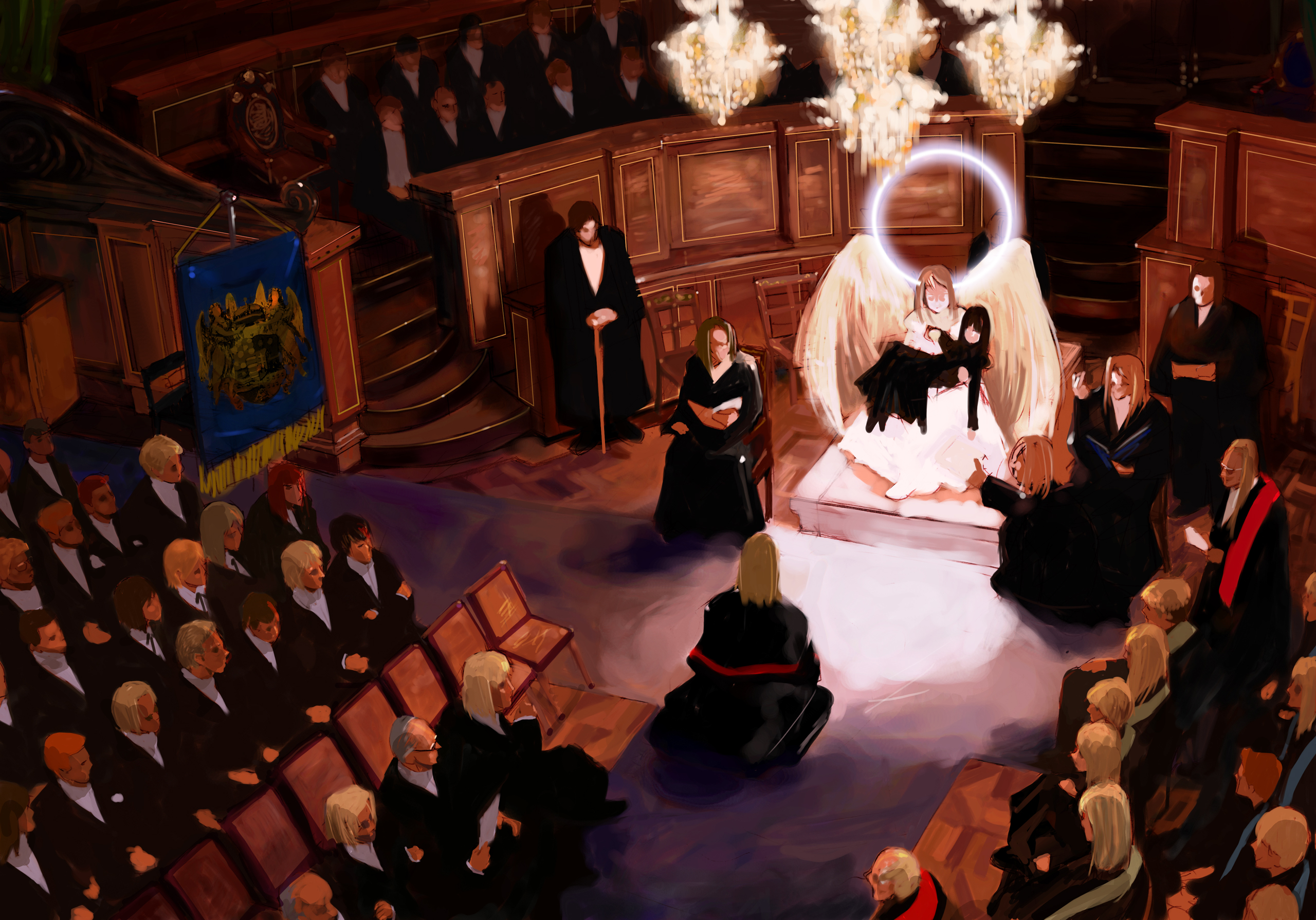 kusaka souji, highres, 6+boys, 6+girls, angel, church, coat of arms, goth fashion, hungary (country), multiple boys, multiple girls, wings