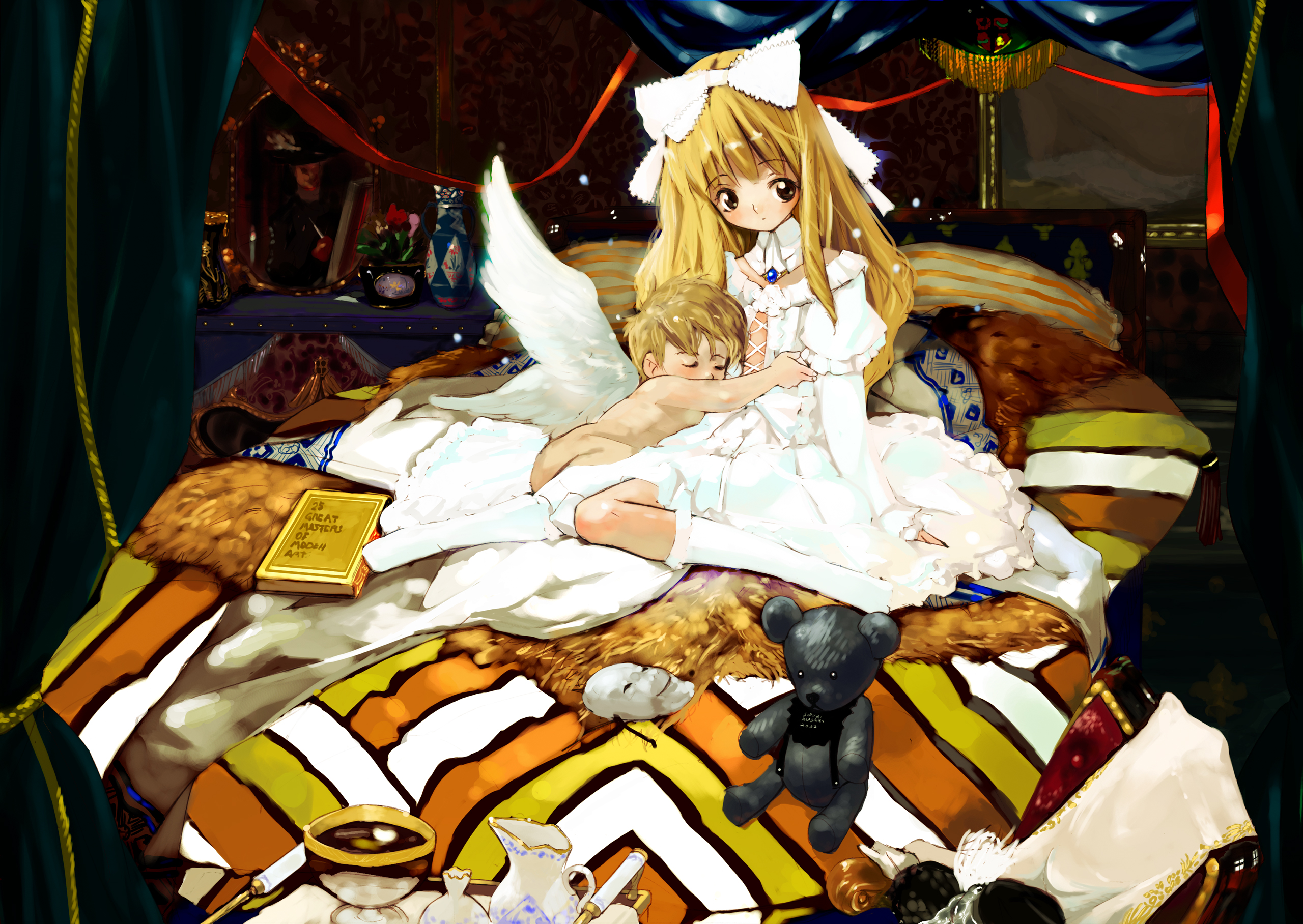 kusaka souji, highres, 1boy, 1girl, angel, blonde hair, book, bow, goth fashion, mask, ribbon, stuffed animal, stuffed toy, teddy bear, wings