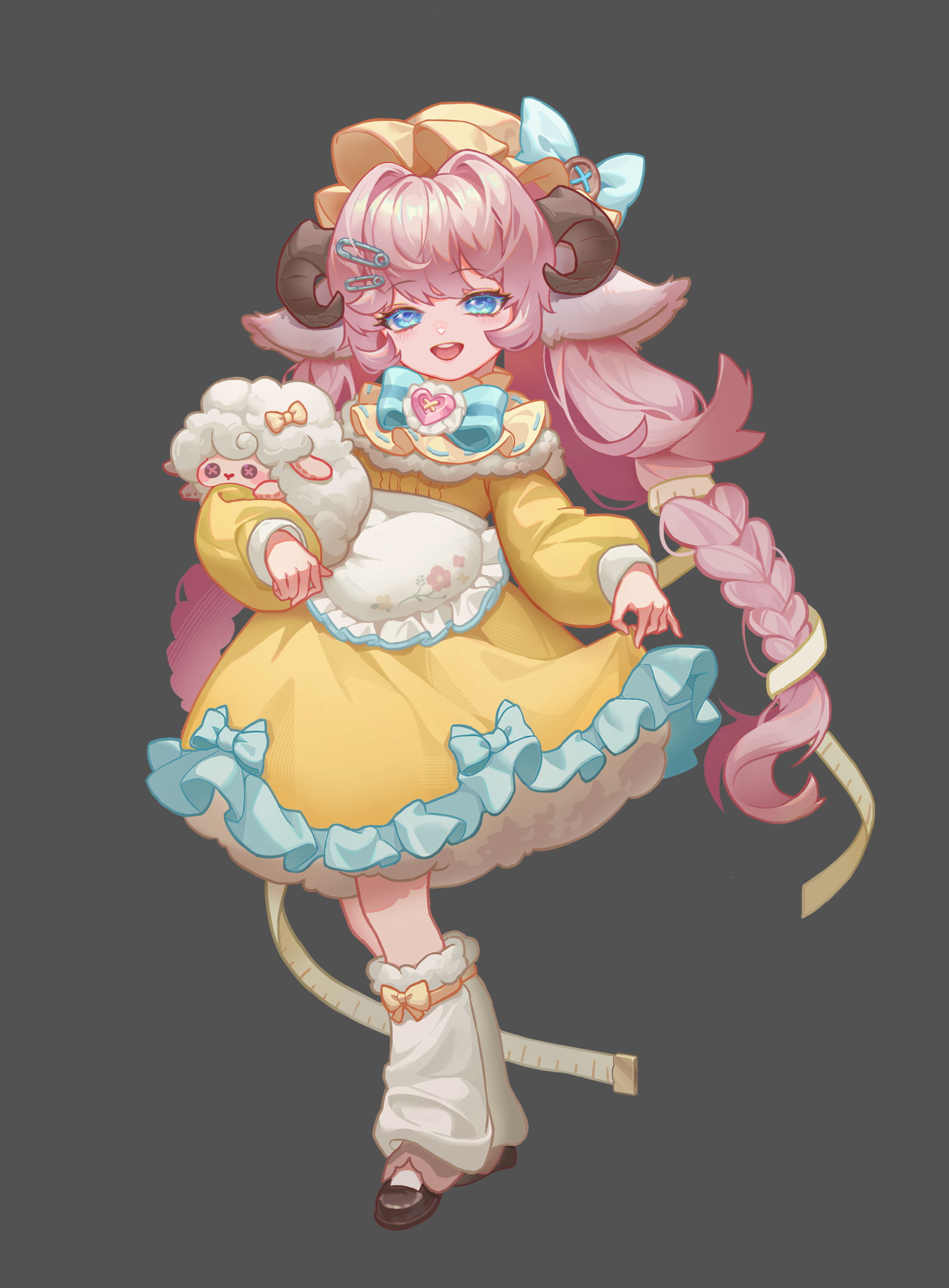 dudu (user ukrz7787), original, absurdres, chinese commentary, commentary request, highres, 1girl, animal ears, apron, blue eyes, bow, braid, dress, frilled dress, frills, fur collar, grey background, hair intakes, hair ornament, hat, hat bow, holding, holding stuffed toy, horns, leg warmers, long hair, long sleeves, looking at viewer, low-braided long hair, low-tied long hair, mob cap, open mouth, pink hair, safety pin hair ornament, sheep ears, sheep girl, sheep horns, skirt hold, smile, solo, stuffed animal, stuffed sheep, stuffed toy, tape measure, very long hair, waist apron