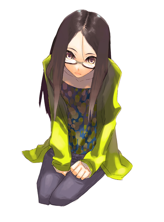 amamiya ten'ya, tagme, casual, glasses, kneeling, long hair, simple background, solo