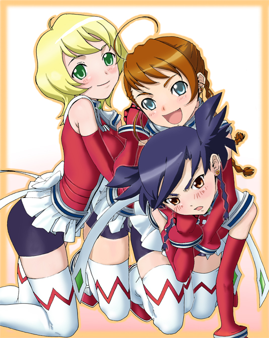 heppoko r, heppoko r (pixiv147966), arika yumemiya, erstin ho, nina wang, my-otome, bad id, bad pixiv id, 00s, aqua eyes, bike shorts, blonde hair, blue hair, braid, brown hair, elbow gloves, gloves, green eyes, kneeling, long hair, thighhighs, twin braids, twintails