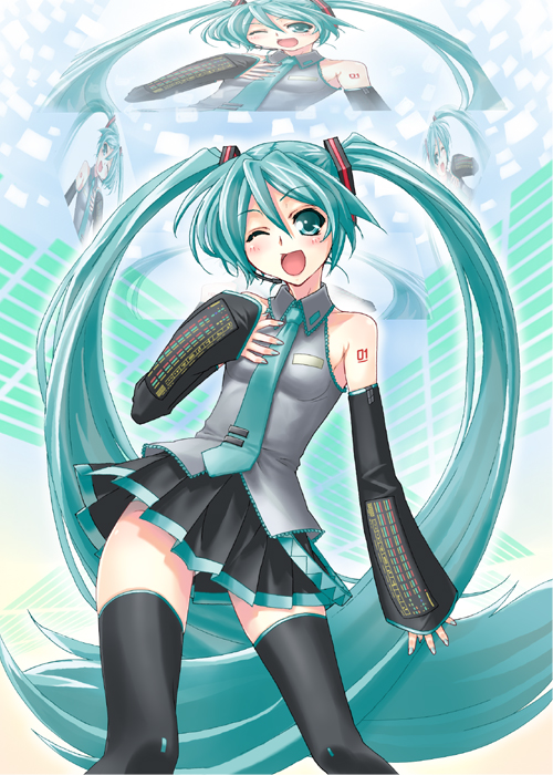 heppoko r, heppoko r (pixiv147966), hatsune miku, vocaloid, bad id, bad pixiv id, aqua eyes, aqua hair, detached sleeves, long hair, microphone, necktie, thighhighs, twintails, wink, zettai ryouiki