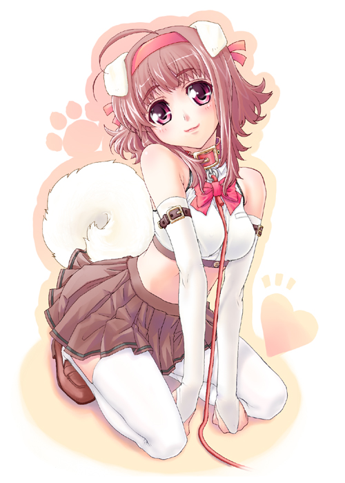 heppoko r, heppoko r (pixiv147966), original, bad id, bad pixiv id, 1girl, animal ears, blush, bow, breasts, brown hair, collar, dog ears, dog tail, elbow gloves, female focus, gloves, hairband, kneeling, leash, midriff, pink eyes, pleated skirt, ribbon, short hair, skirt, smile, solo, tail, thighhighs, twintails, white thighhighs, zettai ryouiki