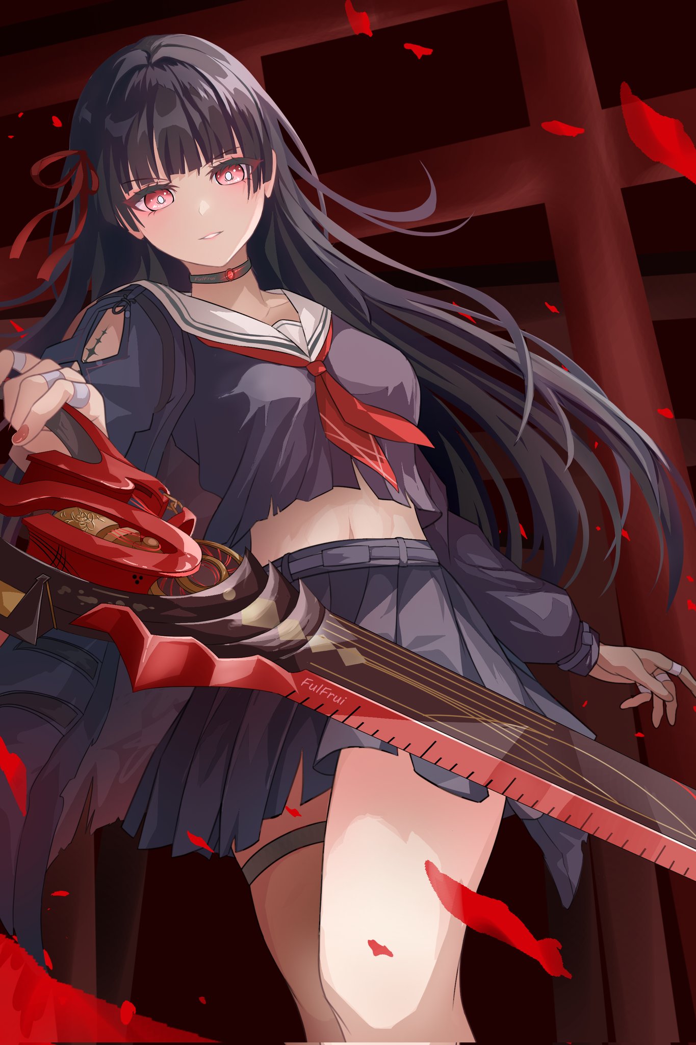 funtazzy, chisa (wuthering waves), wuthering waves, commentary, corrupted twitter file, english commentary, highres, 1girl, arm cutout, artist name, black hair, black shirt, black skirt, breasts, bright pupils, clothing cutout, crop top, hair ribbon, holding, holding sword, holding weapon, long hair, looking at viewer, medium breasts, midriff, multiple torii, nail polish, neckerchief, parted lips, red eyes, red nails, red neckerchief, red petals, red ribbon, ribbon, sailor collar, school uniform, serafuku, shirt, skirt, smile, solo, sword, tacet mark (wuthering waves), thigh strap, torii, very long hair, weapon, white pupils, white sailor collar