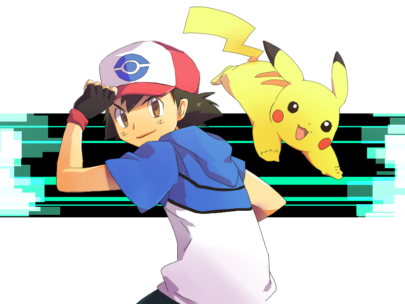 isumimax, ash ketchum, pikachu, nintendo, pokemon, pokemon (anime), pokemon bw (anime), commentary request, 1boy, adjusting clothes, adjusting headwear, baseball cap, black hair, brown eyes, fingerless gloves, gen 1 pokemon, gloves, hand on headwear, hat, hood, hood down, hoodie, looking at another, looking back, male focus, open mouth, pokemon (creature), short hair, short sleeves, smile, v-shaped eyebrows
