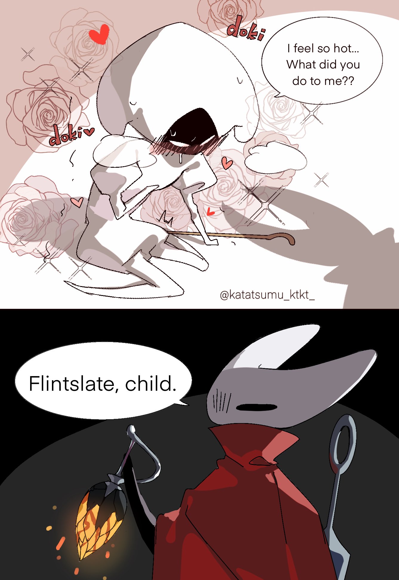 katatsumuririri, hornet (hollow knight), lace (hollow knight), hollow knight, hollow knight: silksong, highres, 2girls, arthropod girl, artist name, blush, cloak, english text, fire, flower, heart, heartbeat, kneeling, looking down, mask, multiple girls, needle (hollow knight), needle sword, red cloak, shadow, sweat, unamused, white flower