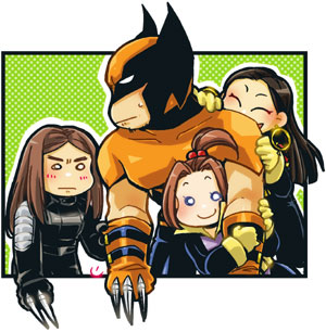 jubilee, kitty pryde, wolverine (x-men), x-23, marvel, x-men, lowres, 1boy, 3girls, armor, chibi, earrings, hair bobbles, hair ornament, hoop earrings, jewelry, multiple girls, o o