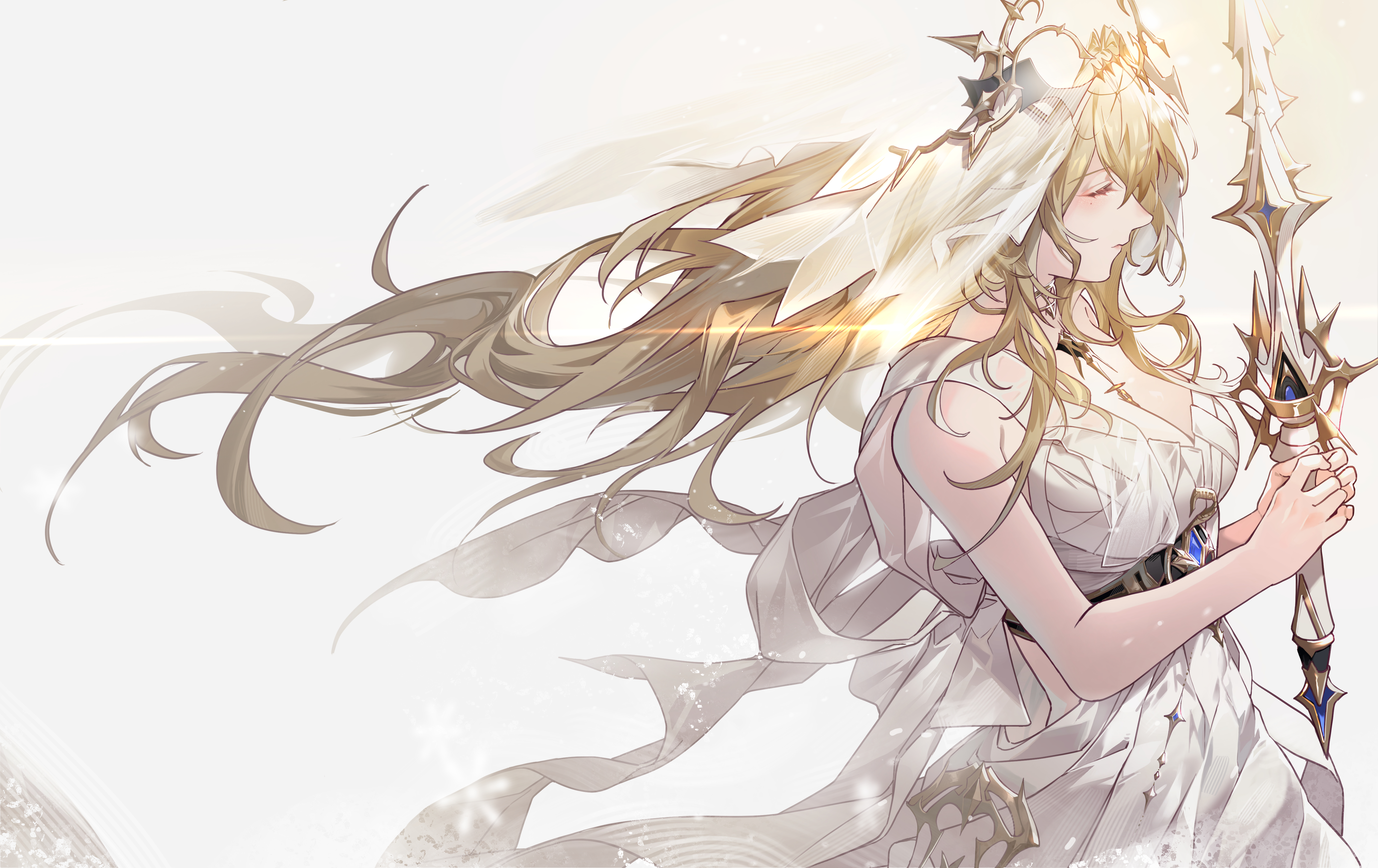 cino (cappuccino), bianca: crepuscule (pgr), bianca (pgr), punishing: gray raven, absurdres, commentary, english commentary, highres, 1girl, bare shoulders, blonde hair, breasts, closed eyes, closed mouth, dress, from side, hair between eyes, headgear, holding, holding sword, holding weapon, large breasts, long hair, mole, mole under eye, simple background, sleeveless, sleeveless dress, snowflakes, solo, standing, sword, upper body, veil, wavy hair, weapon, white background, white dress, white veil