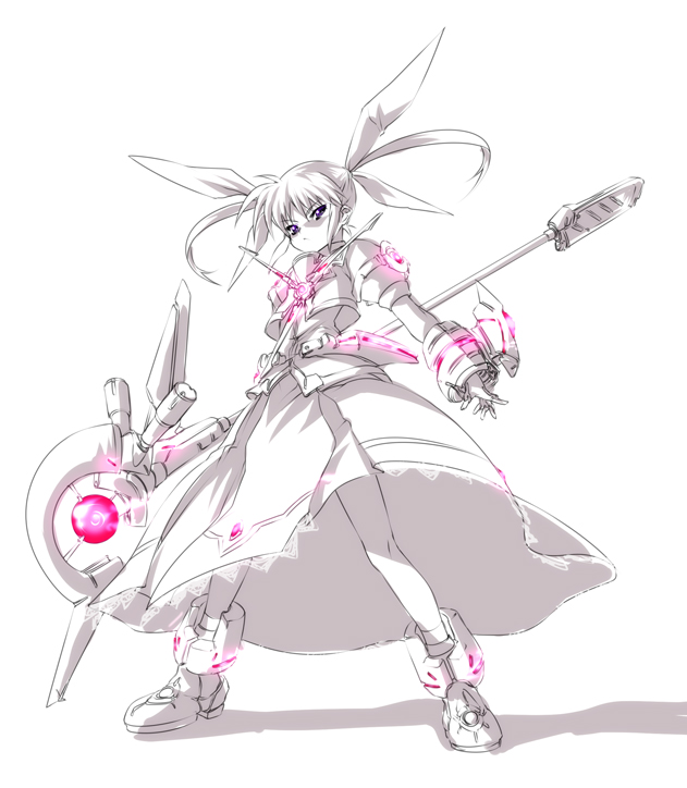 nekomamire, raising heart, raising heart (device mode) (1st), takamachi nanoha, lyrical nanoha, mahou shoujo lyrical nanoha, mahou shoujo lyrical nanoha the movie 1st, 10s, 1girl, alternate costume, female focus, fingerless gloves, gloves, huge weapon, magical girl, monochrome, solo, twintails, weapon, white devil