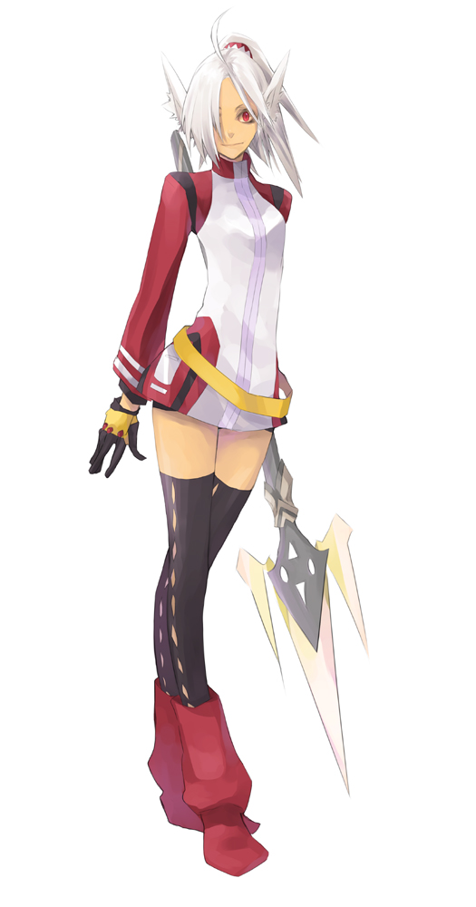 amamiya ten'ya, phantasy star, phantasy star universe, 1girl, ahoge, albino, animal ears, bike shorts, black thighhighs, boots, female focus, flat chest, gloves, hair over one eye, jacket, light smile, long sleeves, looking at viewer, polearm, ponytail, red eyes, simple background, solo, standing, thighhighs, weapon, white background, white hair
