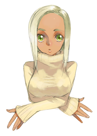 amamiya ten'ya, dark skin, forehead, green eyes, lips, ribbed turtleneck sweater, solo, sweater, turtleneck