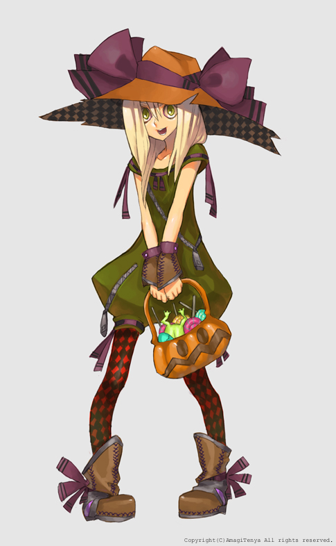 amamiya ten'ya, 1girl, argyle clothes, argyle pantyhose, boots, candy, female focus, food, halloween, hat, pantyhose, solo, trick or treat, wrist cuffs, zipper