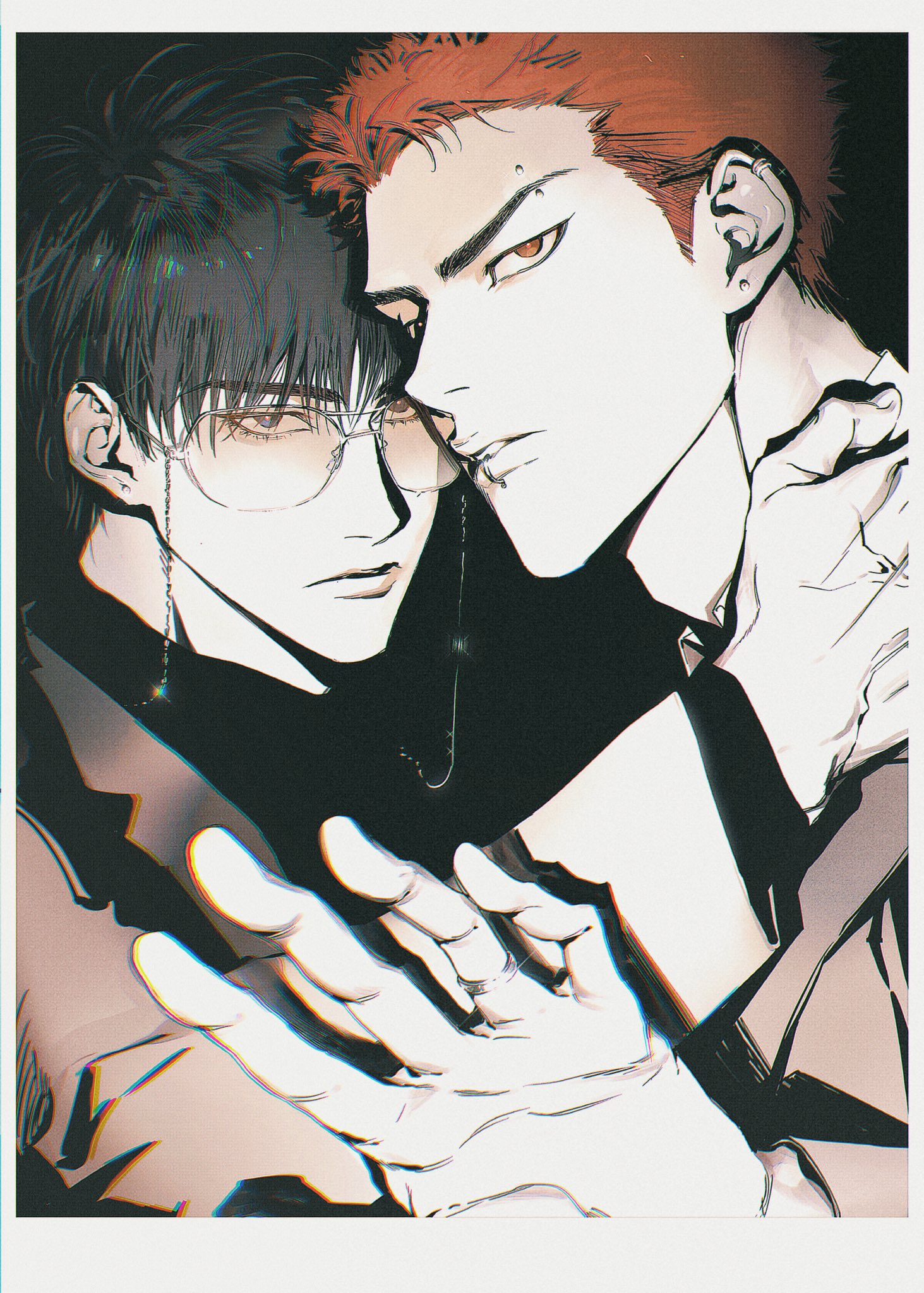 chimmyming, rukawa kaede, sakuragi hanamichi, slam dunk (series), highres, 2boys, black hair, border, closed mouth, face piercing, hug, lip piercing, looking at viewer, male focus, multiple boys, parted lips, piercing, short hair, tinted eyewear, upper body, veiny hand, white border, yaoi