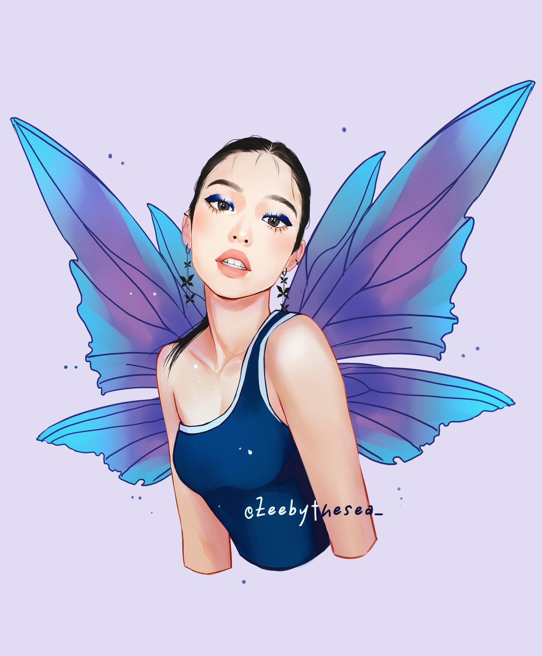 zeebythesea, jennie (blackpink), blackpink, highres, 1girl, asian, asymmetrical shirt, black hair, blue eyeshadow, blue shirt, brown eyes, cropped torso, earrings, eyelashes, eyeshadow, fairy wings, forehead, jewelry, light particles, looking at viewer, low ponytail, makeup, parted lips, ponytail, purple background, purple wings, shirt, short ponytail, single strap, teeth, thick eyebrows, thick lips, twitter username, upper body, white trim, wings